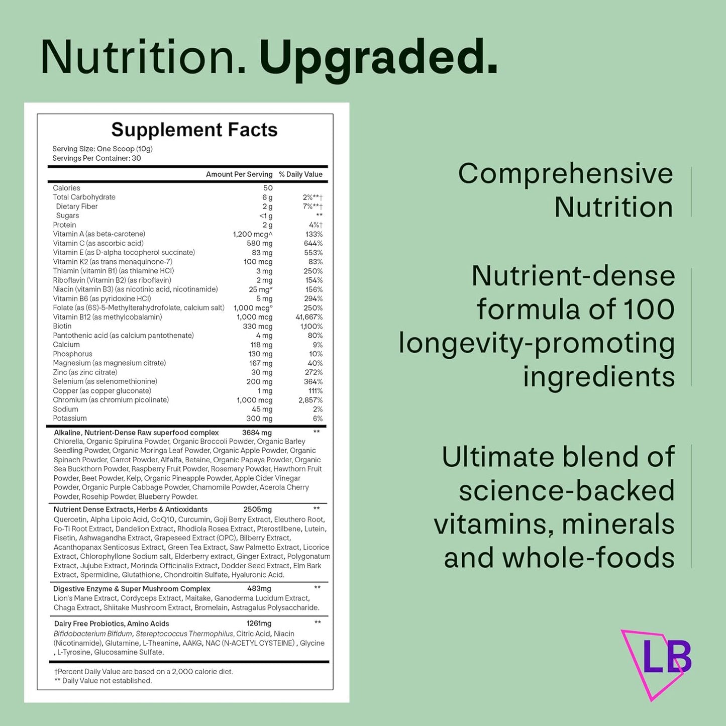 Premium Longevity Box Super Greens Powder - 100 Ingredients | 300g, 30 Servings | Vegan & Vegetarian | Rich in Vitamins & Minerals