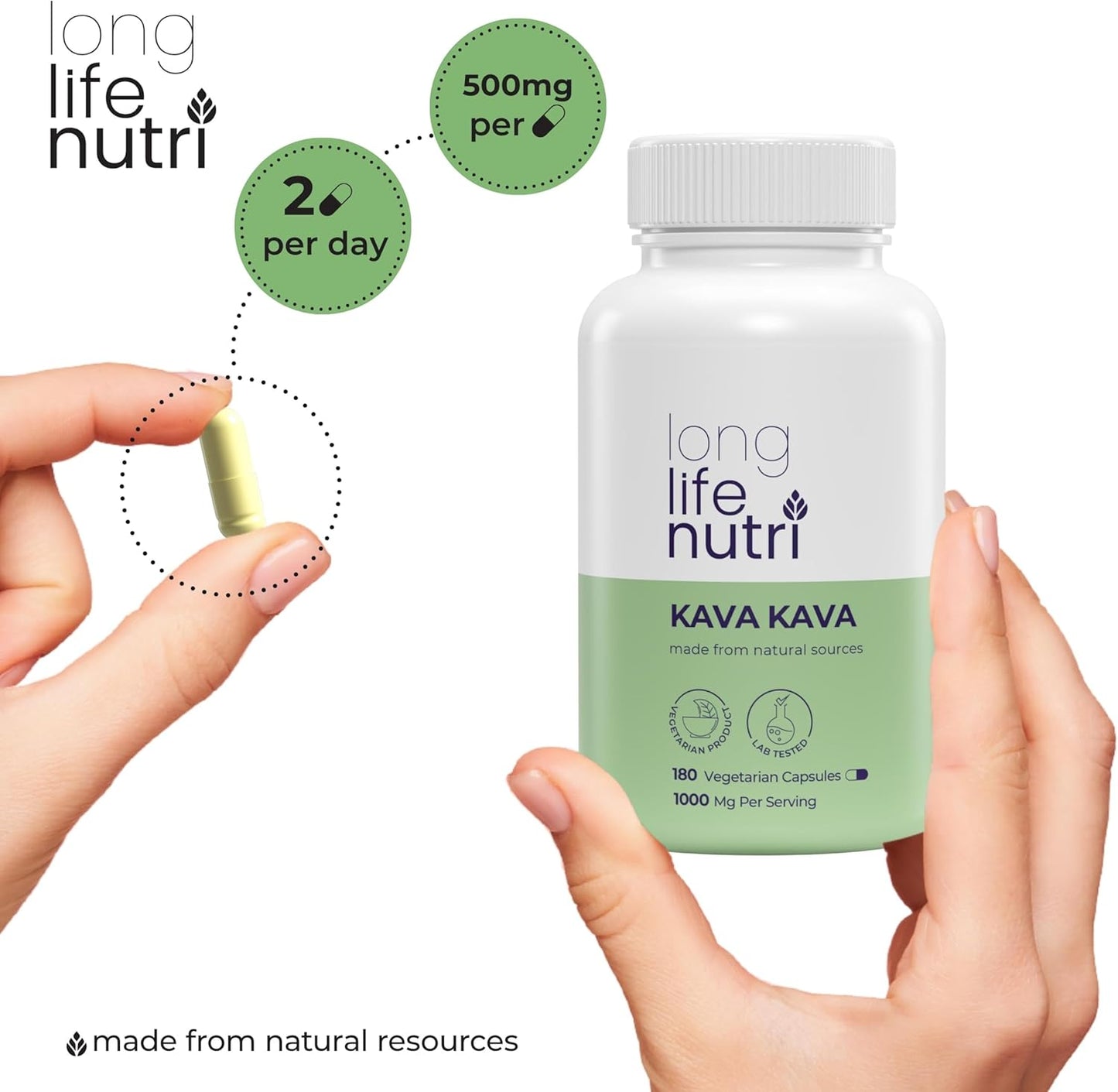 Premium LongLifeNutri Kava Kava Extract Supplements - 1000mg Natural Herb with High Piper Methysticum - 180 Vegan Capsules