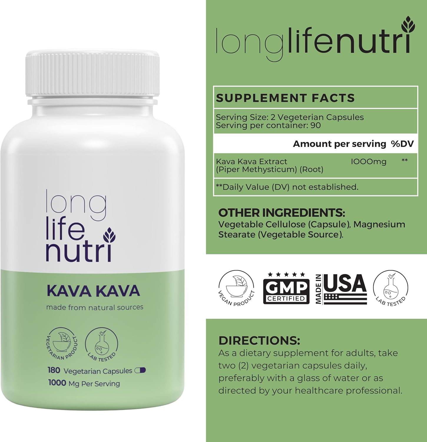 Premium LongLifeNutri Kava Kava Extract Supplements - 1000mg Natural Herb with High Piper Methysticum - 180 Vegan Capsules