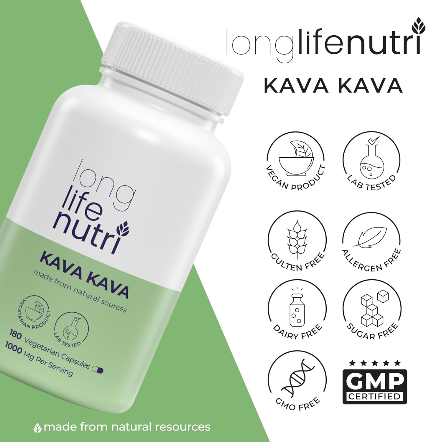Premium LongLifeNutri Kava Kava Extract Supplements - 1000mg Natural Herb with High Piper Methysticum - 180 Vegan Capsules