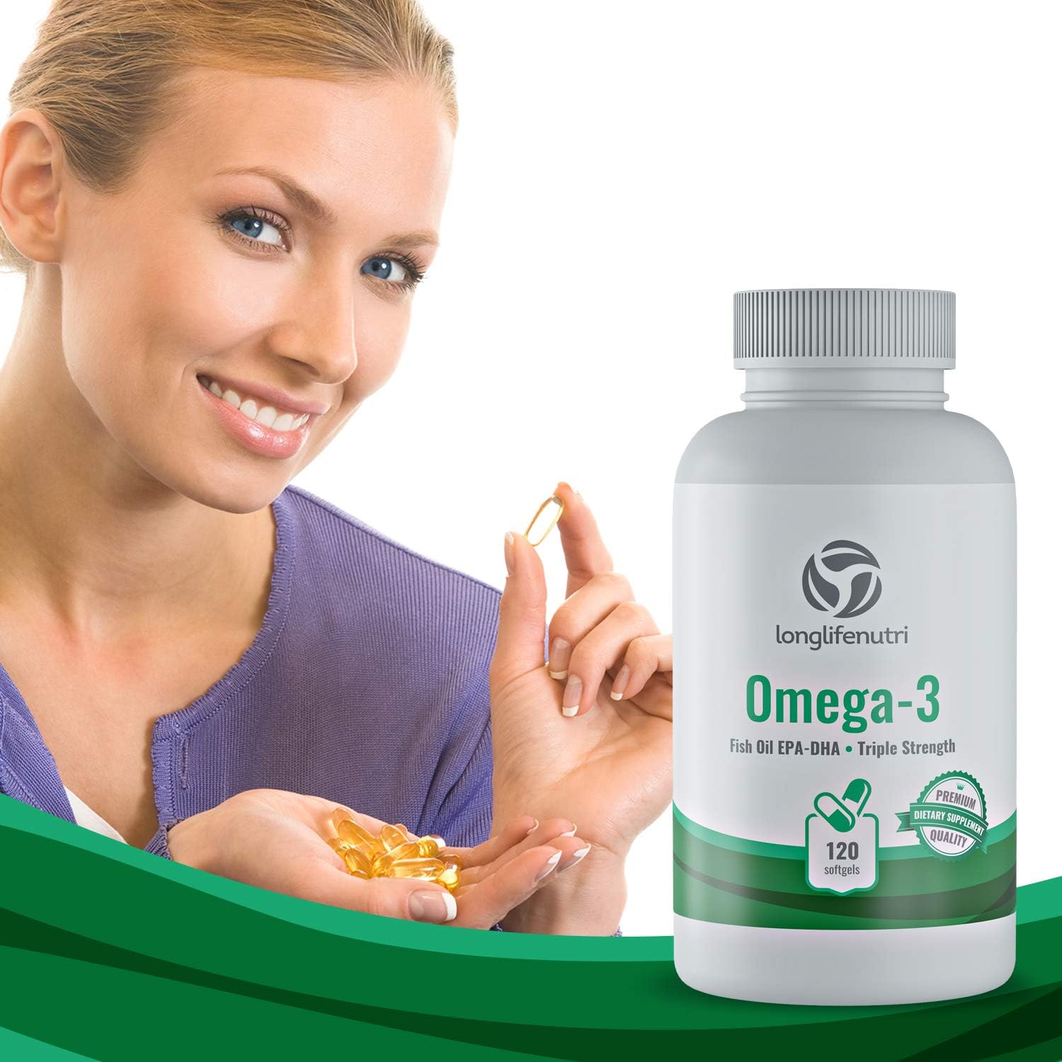 Premium LongLifeNutri Omega-3 Fish Oil Softgel Capsules with 1000mg Essential Fatty Acids - High DHA EPA Immune Support Formula - Natural Nordic Algae Supplement for Men and Women
