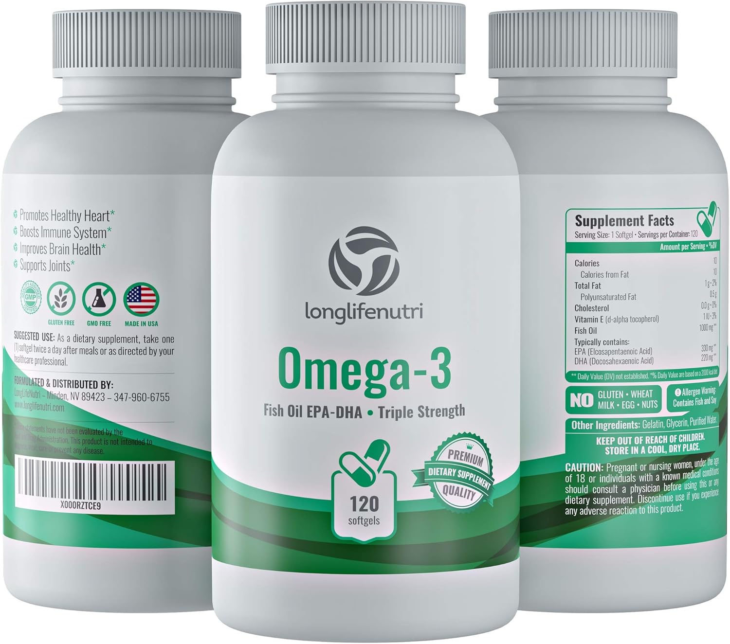 Premium LongLifeNutri Omega-3 Fish Oil Softgel Capsules with 1000mg Essential Fatty Acids - High DHA EPA Immune Support Formula - Natural Nordic Algae Supplement for Men and Women