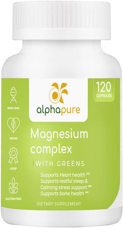Premium Magnesium Complex with Greens - 250mg Elemental Magnesium - Third Party Tested - Magnesium Glycinate, Gluconate, Malate - Enriched with Five Magnesium-Rich Greens