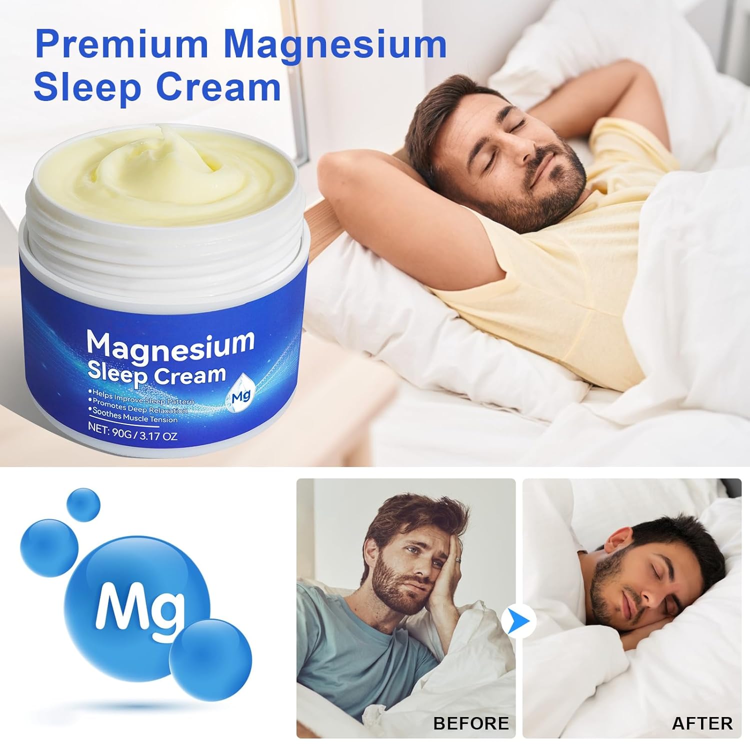 Premium Magnesium Cream for Sleep 3.17 Oz - Topical Cream for Safe & Easy Absorption, Quick Drying, Gentle on Skin - Blue Color