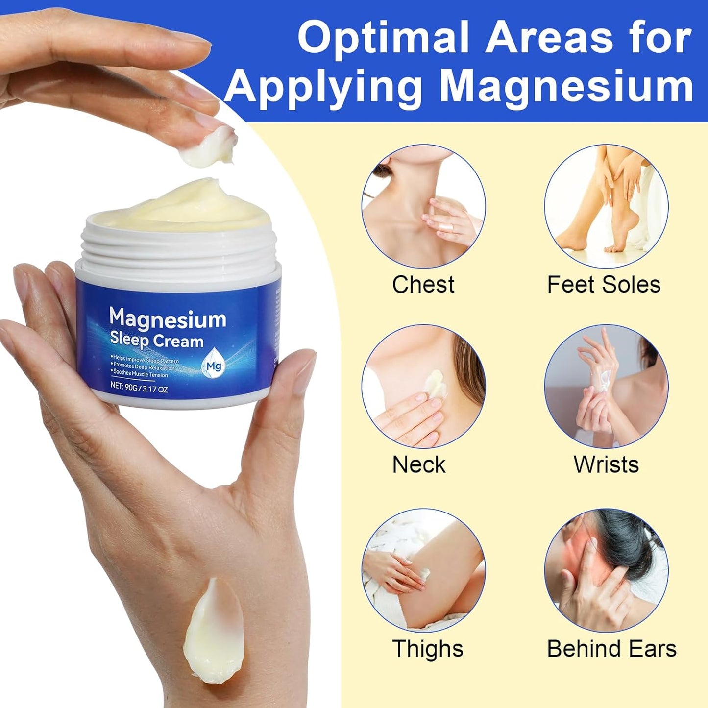 Premium Magnesium Cream for Sleep 3.17 Oz - Topical Cream for Safe & Easy Absorption, Quick Drying, Gentle on Skin - Blue Color