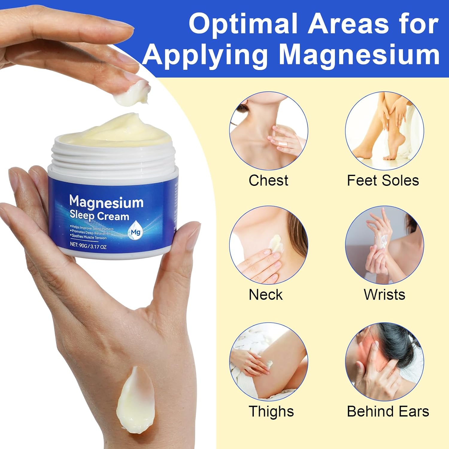 Premium Magnesium Cream for Sleep 3.17 Oz - Topical Cream for Safe & Easy Absorption, Quick Drying, Gentle on Skin - Blue Color