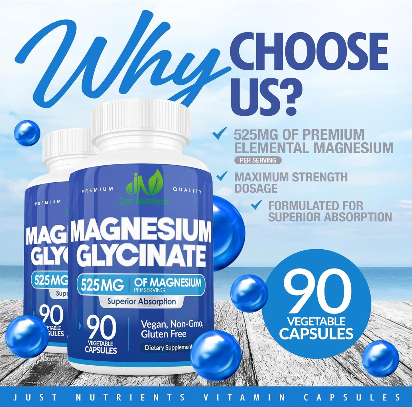 Premium Magnesium Glycinate Supplement 525mg - Supports Sleep, Immunity, Heart, Bones, Muscles, Digestion - Maximum Absorption - Non-GMO - 90 Count