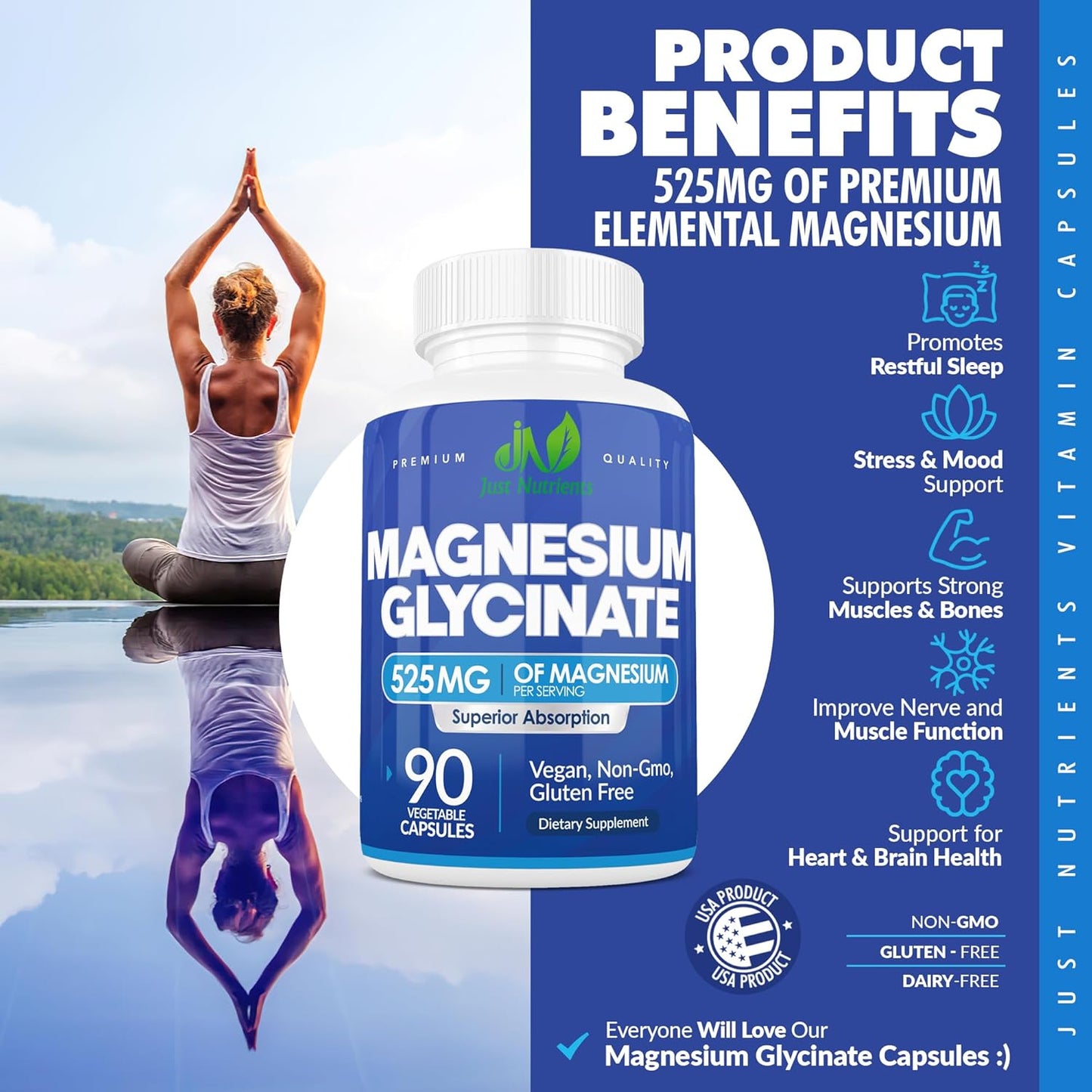 Premium Magnesium Glycinate Supplement 525mg - Supports Sleep, Immunity, Heart, Bones, Muscles, Digestion - Maximum Absorption - Non-GMO - 90 Count