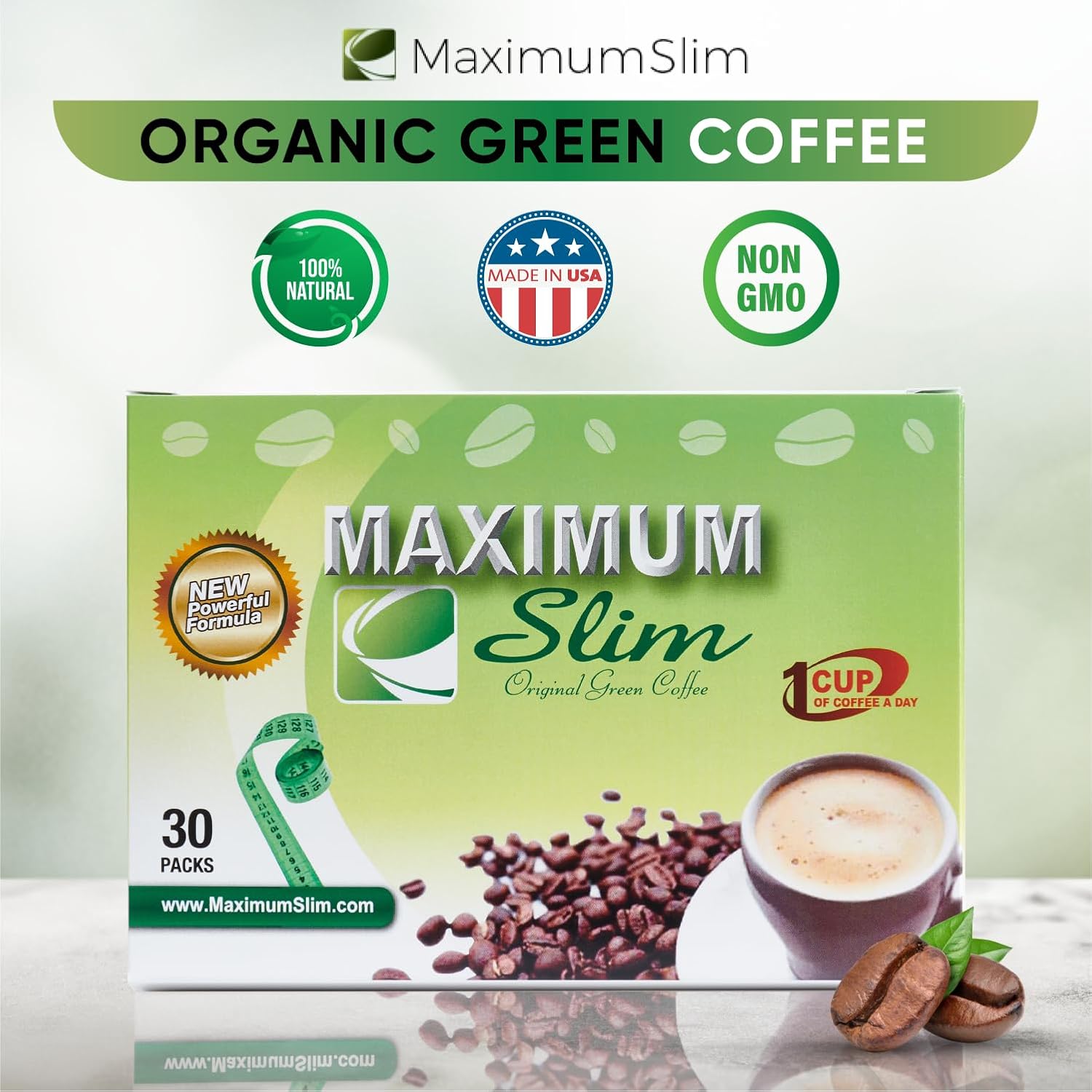 Premium Maximum Slim Original Green Coffee 4-in-1 Formula with Natural Herbal Extracts for Energy & Vitality - Creamy, Delicious, No Side Effects - Made in USA - 30 Ct