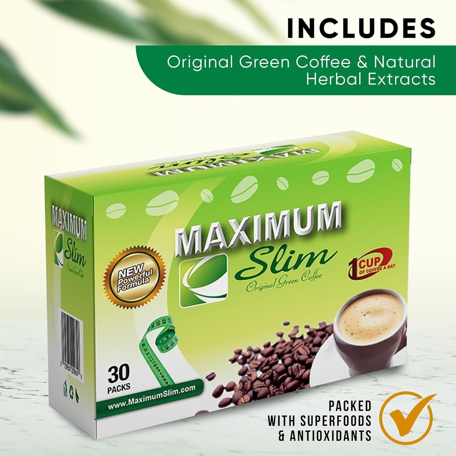Premium Maximum Slim Original Green Coffee 4-in-1 Formula with Natural Herbal Extracts for Energy & Vitality - Creamy, Delicious, No Side Effects - Made in USA - 30 Ct