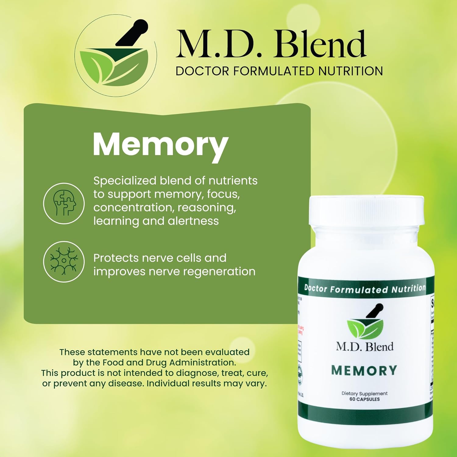 Premium M.D. Blend Memory Supplement for Cognitive Wellness & Neural Function - Expert Formulated with L-Tyrosine, Phosphatidylserine, Bacopa Monnieri - 60 Capsules