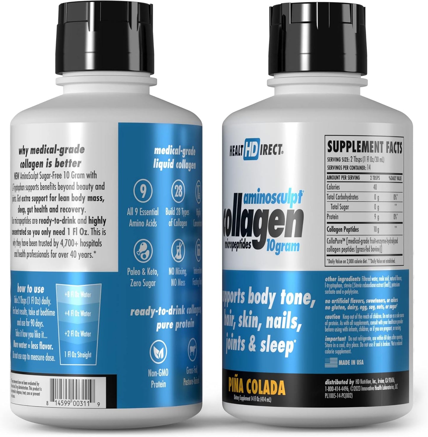 Premium Medical-Grade Liquid Collagen for Women - Piña Colada 14 FL Oz - 10g AminoSculpt Liquid Collagen Micropeptides - 14 Servings