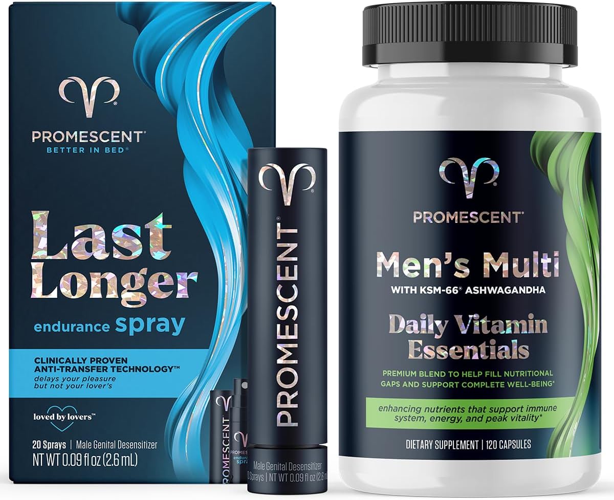 Premium Men's Health Bundle: Promescent Delay Spray + Daily Multivitamin with B Complex, Vitamin C & D, Ashwagandha KSM 66