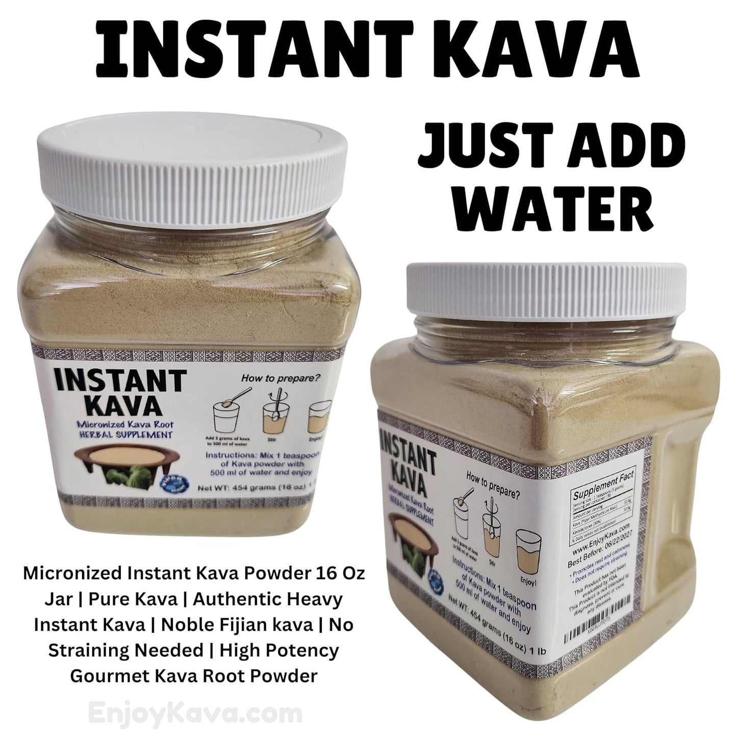 Premium Micronized Instant Noble Kava Powder 16 Oz Jar | Authentic Heavy Kava | No Straining | Gourmet Root Powder