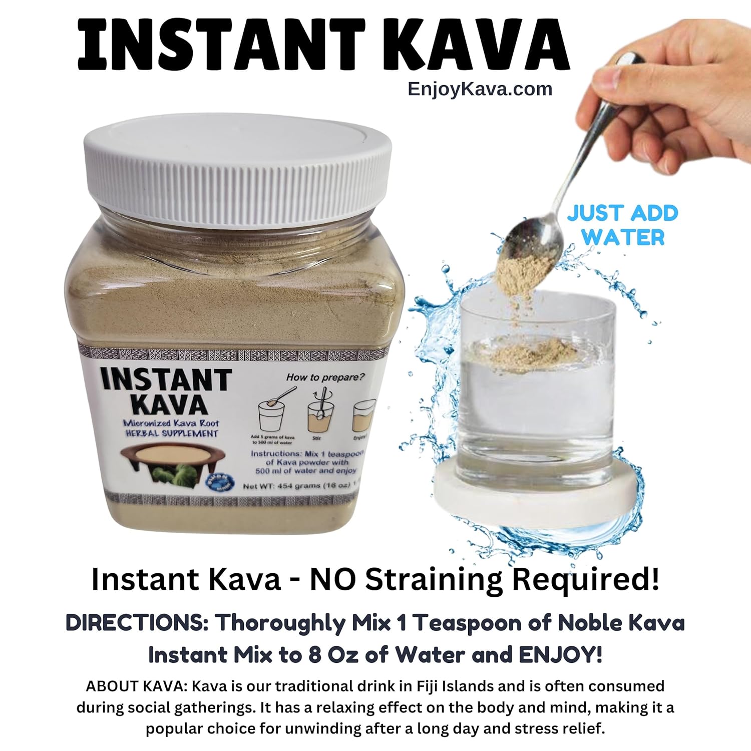 Premium Micronized Instant Noble Kava Powder 16 Oz Jar | Authentic Heavy Kava | No Straining | Gourmet Root Powder