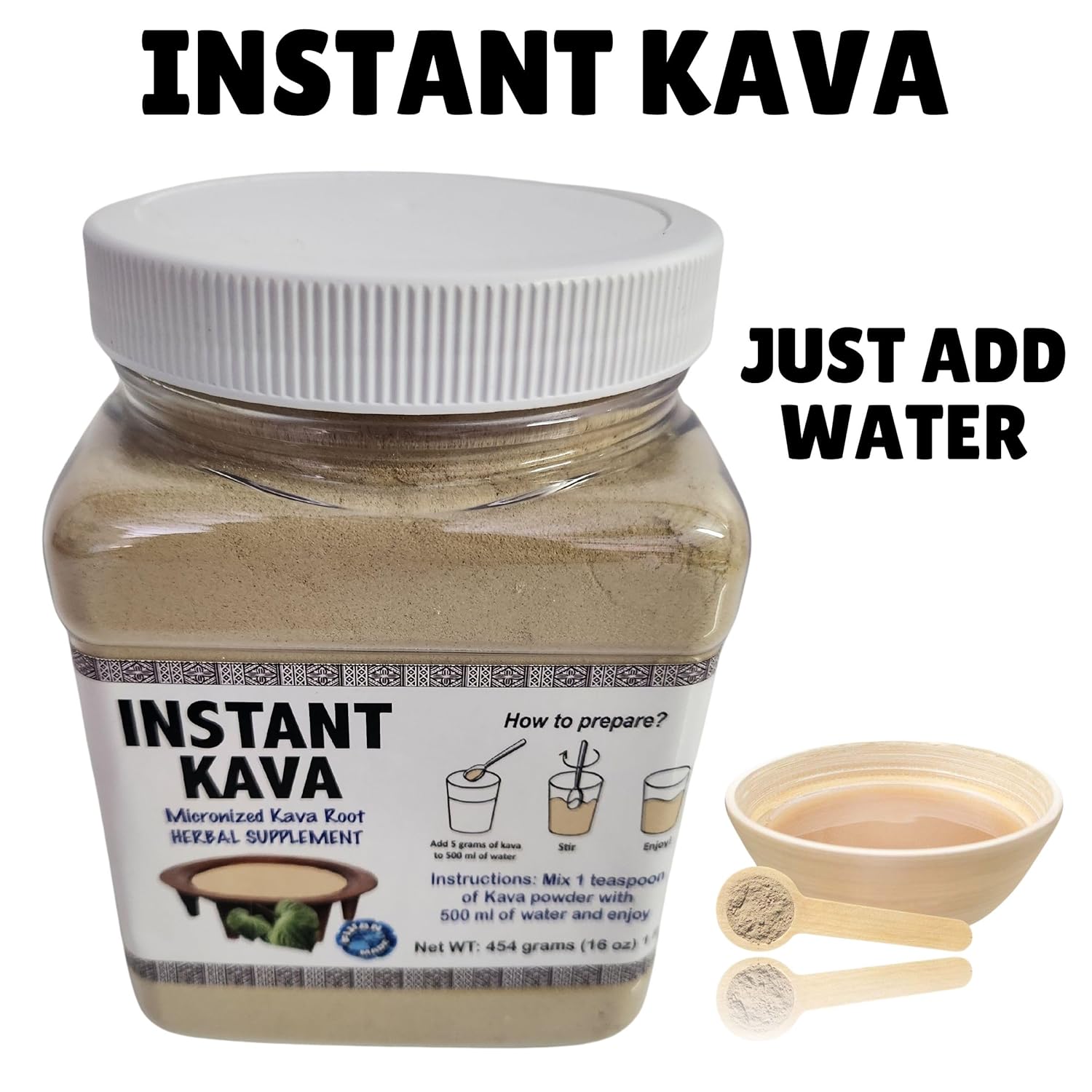 Premium Micronized Instant Noble Kava Powder 16 Oz Jar | Authentic Heavy Kava | No Straining | Gourmet Root Powder