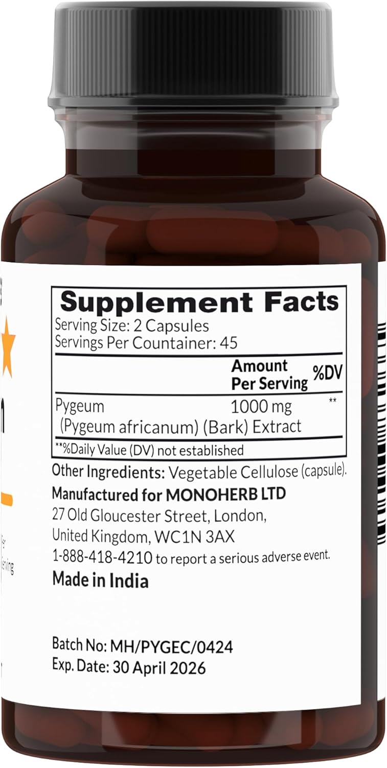 Premium MONOHERB Pygeum Extract - 1000mg - 90 Vegetarian Capsules for Prostate Health