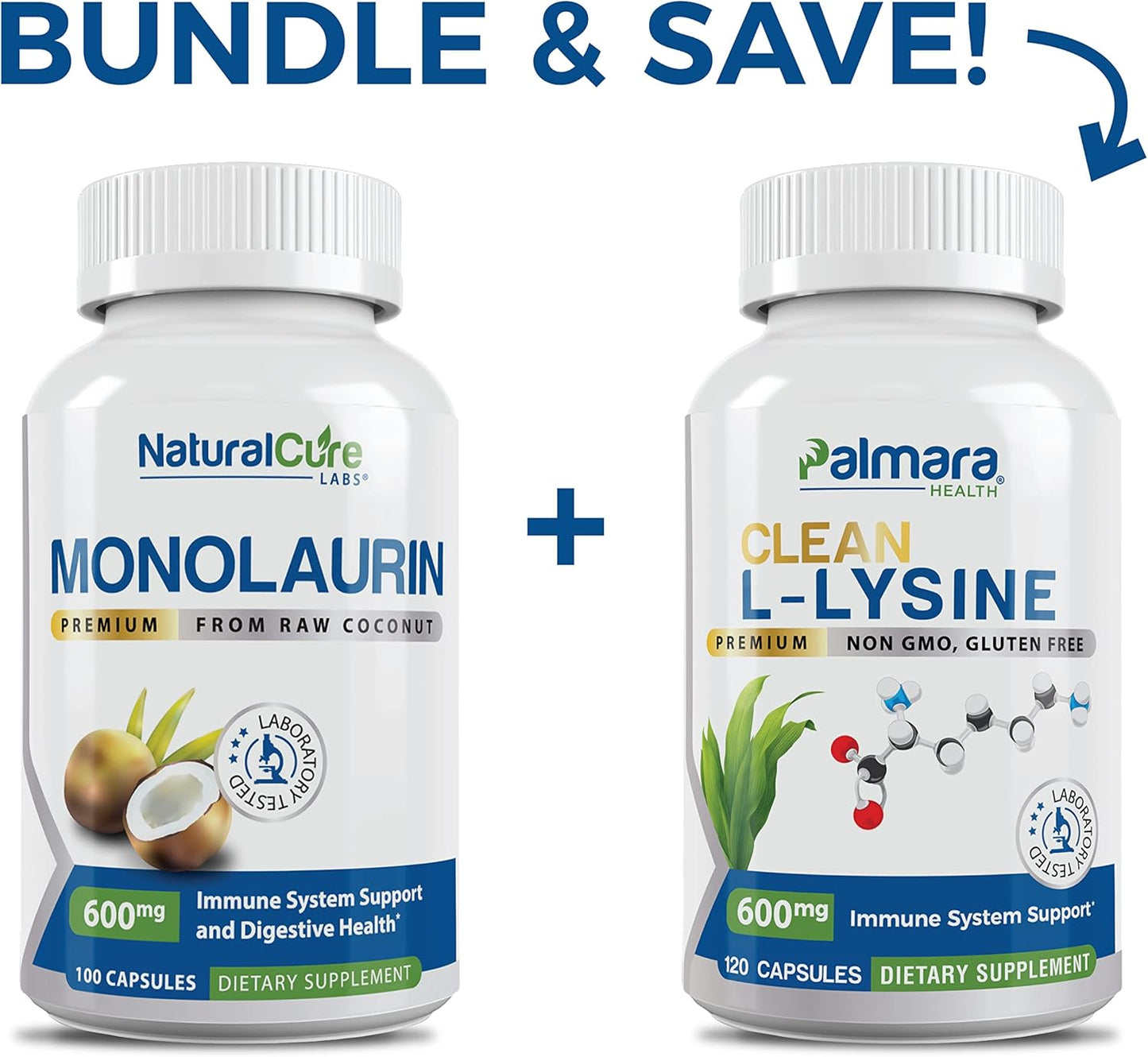Premium Monolaurin 600mg and Clean L-Lysine 600mg Bundle by Natural Cure Labs