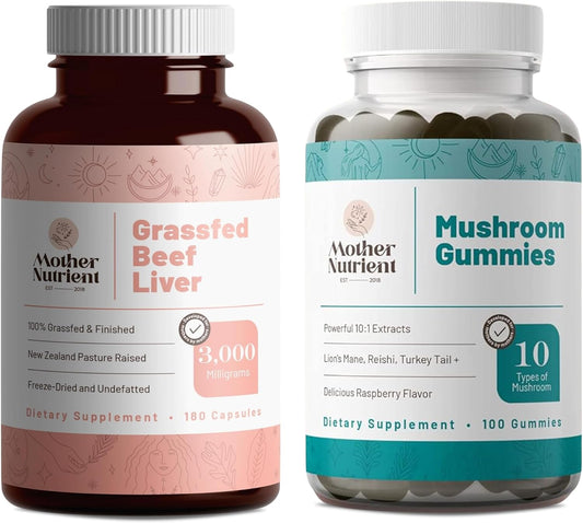 Premium Mother Nutrient Bundle: Grass-Fed Beef Liver Capsules & Mushroom Gummies - Non-GMO Daily Supplements