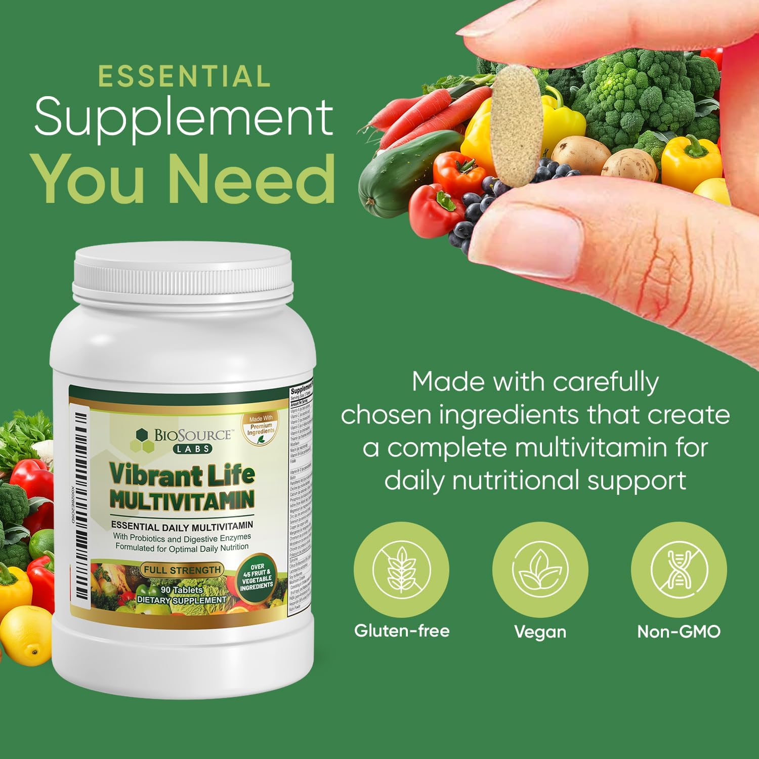 Premium Multivitamin with Probiotics, Digestive Enzymes, and B-Complex - 45+ Fruits and Vegetables, Non-GMO, Gluten-Free Daily Vitamins for Men & Women (30-Day)