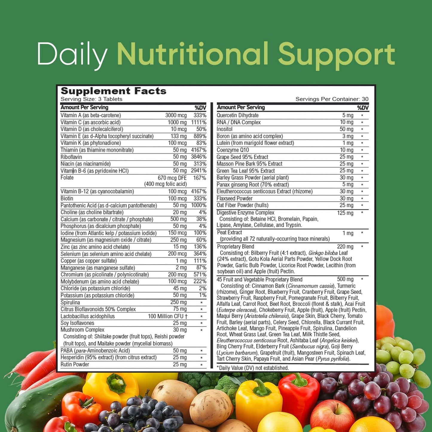 Premium Multivitamin with Probiotics, Digestive Enzymes, and B-Complex - 45+ Fruits and Vegetables, Non-GMO, Gluten-Free Daily Vitamins for Men & Women (30-Day)