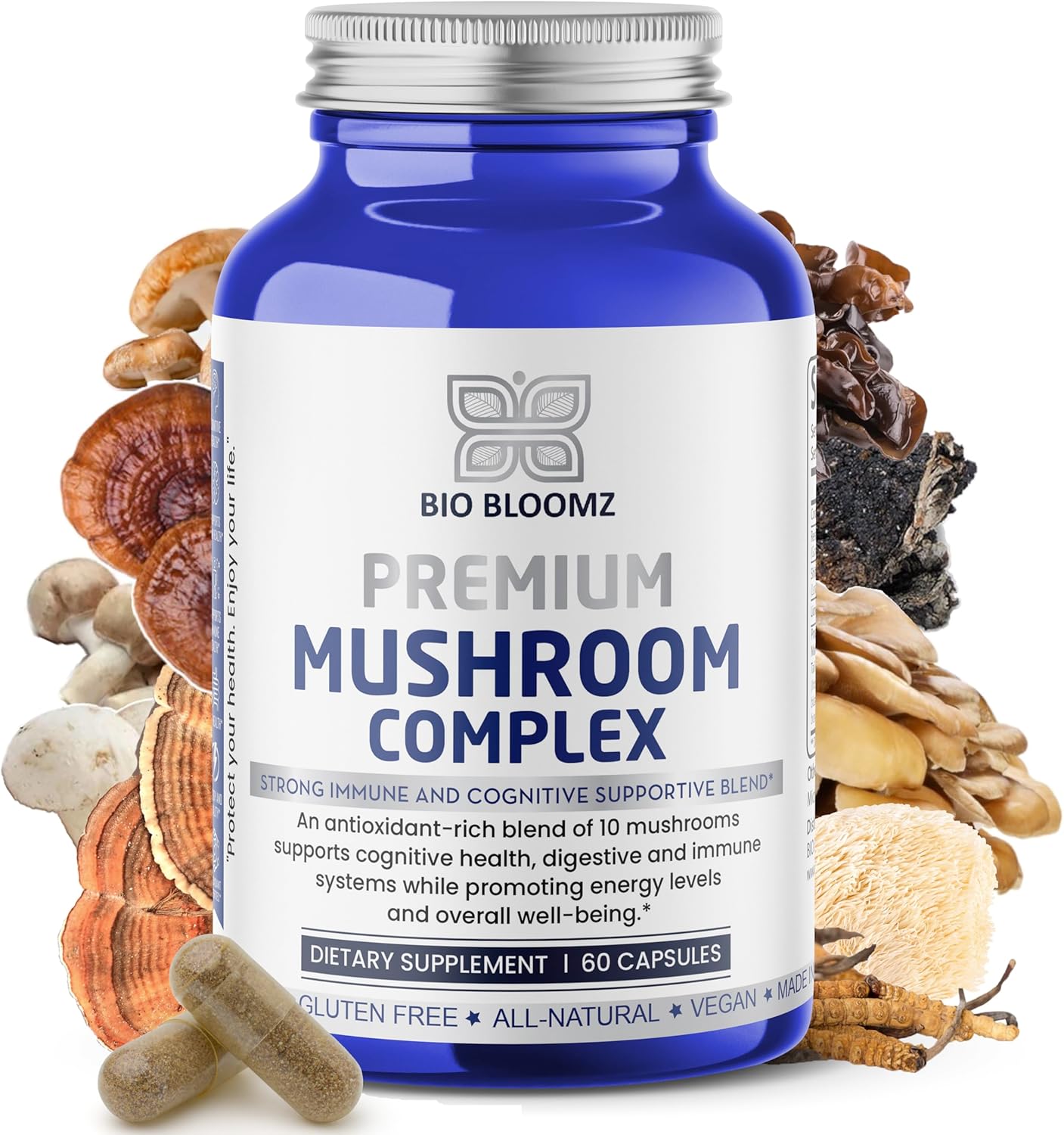Premium Mushroom Complex Capsules - Lion's Mane Supplement with Turkey Tail, Shiitake, Cordyceps, Reishi, Chaga, Maitake - Immune Support Herbal Supplements