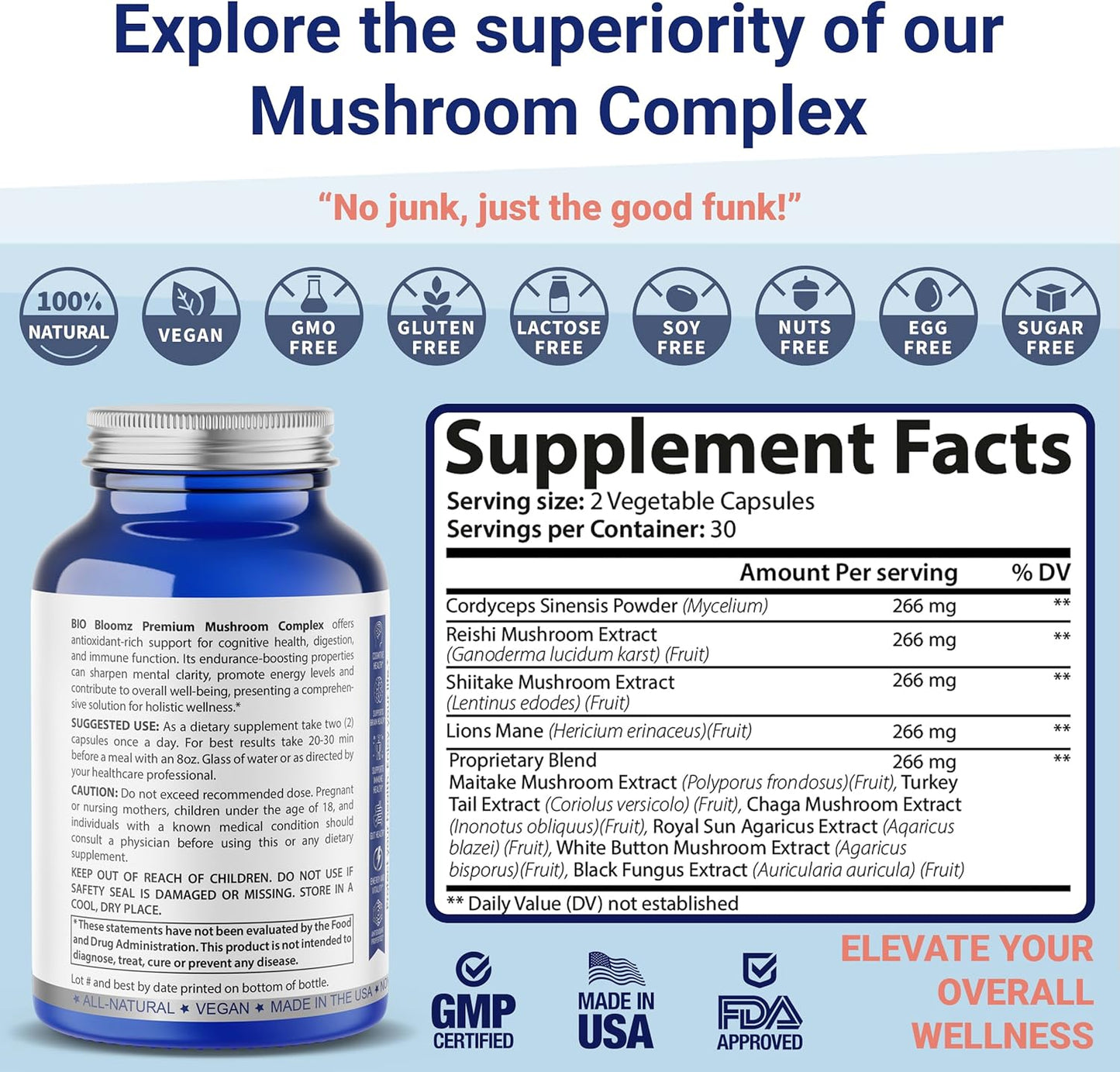 Premium Mushroom Complex Capsules - Lion's Mane Supplement with Turkey Tail, Shiitake, Cordyceps, Reishi, Chaga, Maitake - Immune Support Herbal Supplements