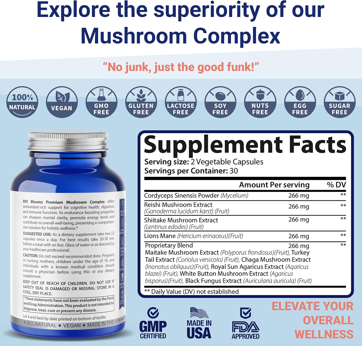 Premium Mushroom Complex Capsules - Lion's Mane Supplement with Turkey Tail, Shiitake, Cordyceps, Reishi, Chaga, Maitake - Immune Support Herbal Supplements