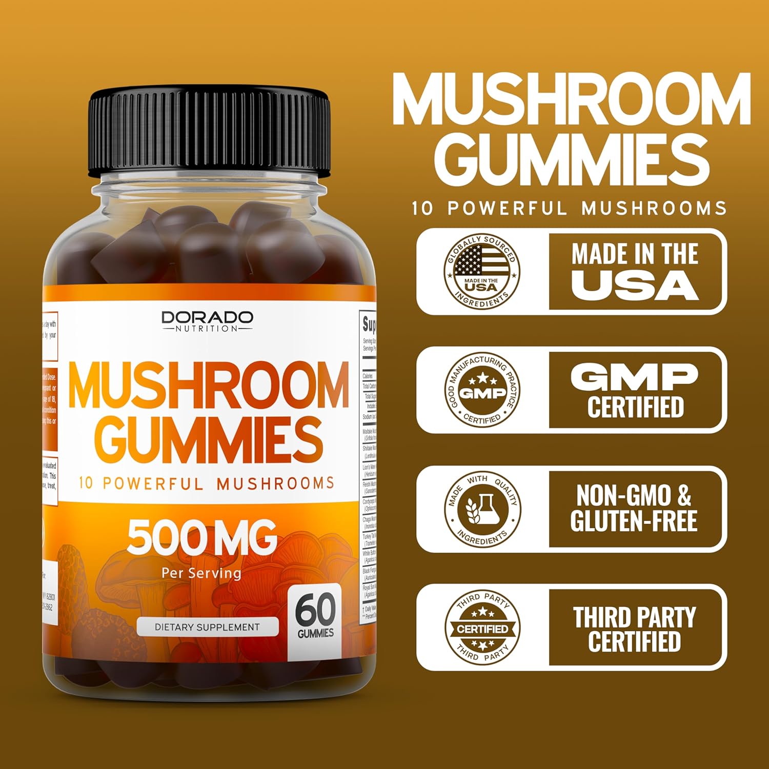 Premium Mushroom Gummies Blend for Focus & Brain Health - 10 in 1 Supplement with Lions Mane, Reishi, Cordyceps - Vegan & USA Made
