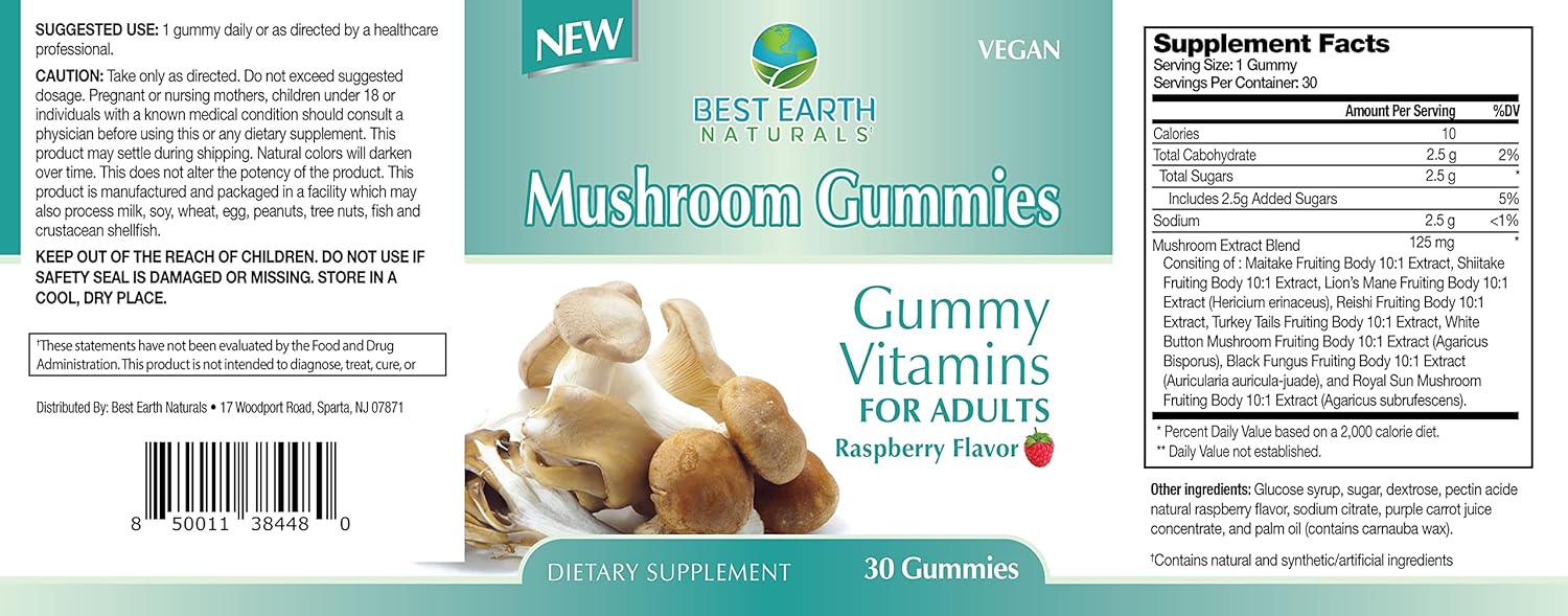 Premium Mushroom Gummy Vitamins for Energy, Clarity & Immune Support - Lion's Mane, Reishi, Cordyceps - 30 Gummies