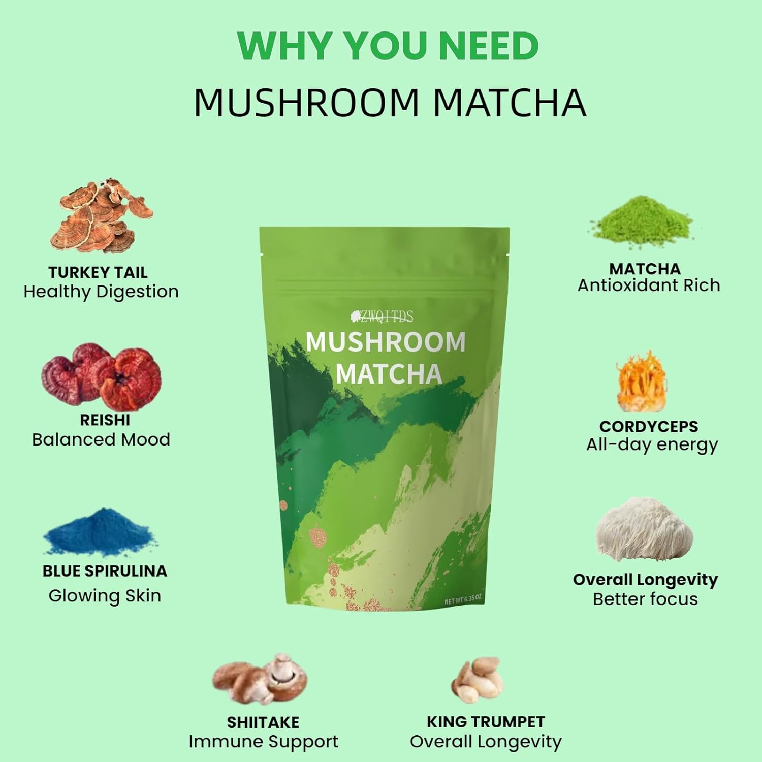 Premium Mushroom Matcha Latte Powder with Collagen for Energy, Focus, and Immunity - 30 Servings of Ceremonial-Grade Japanese Matcha