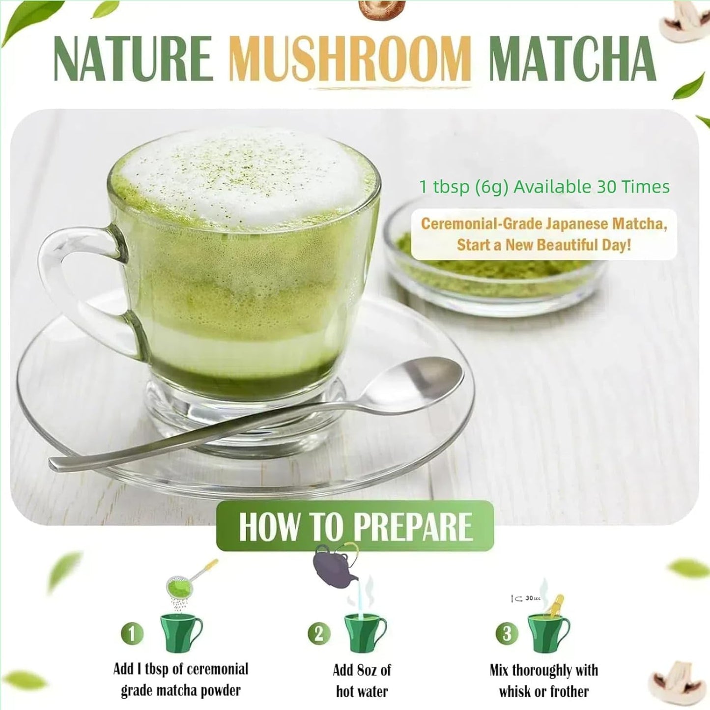 Premium Mushroom Matcha Latte Powder with Collagen for Energy, Focus, and Immunity - 30 Servings of Ceremonial-Grade Japanese Matcha
