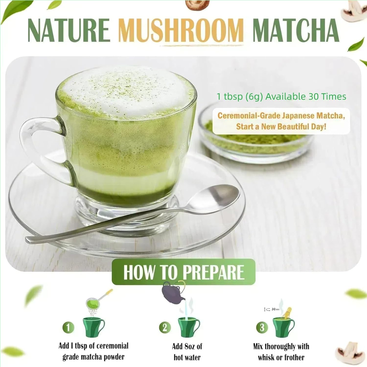Premium Mushroom Matcha Latte Powder with Collagen for Energy, Focus, and Immunity - 30 Servings of Ceremonial-Grade Japanese Matcha
