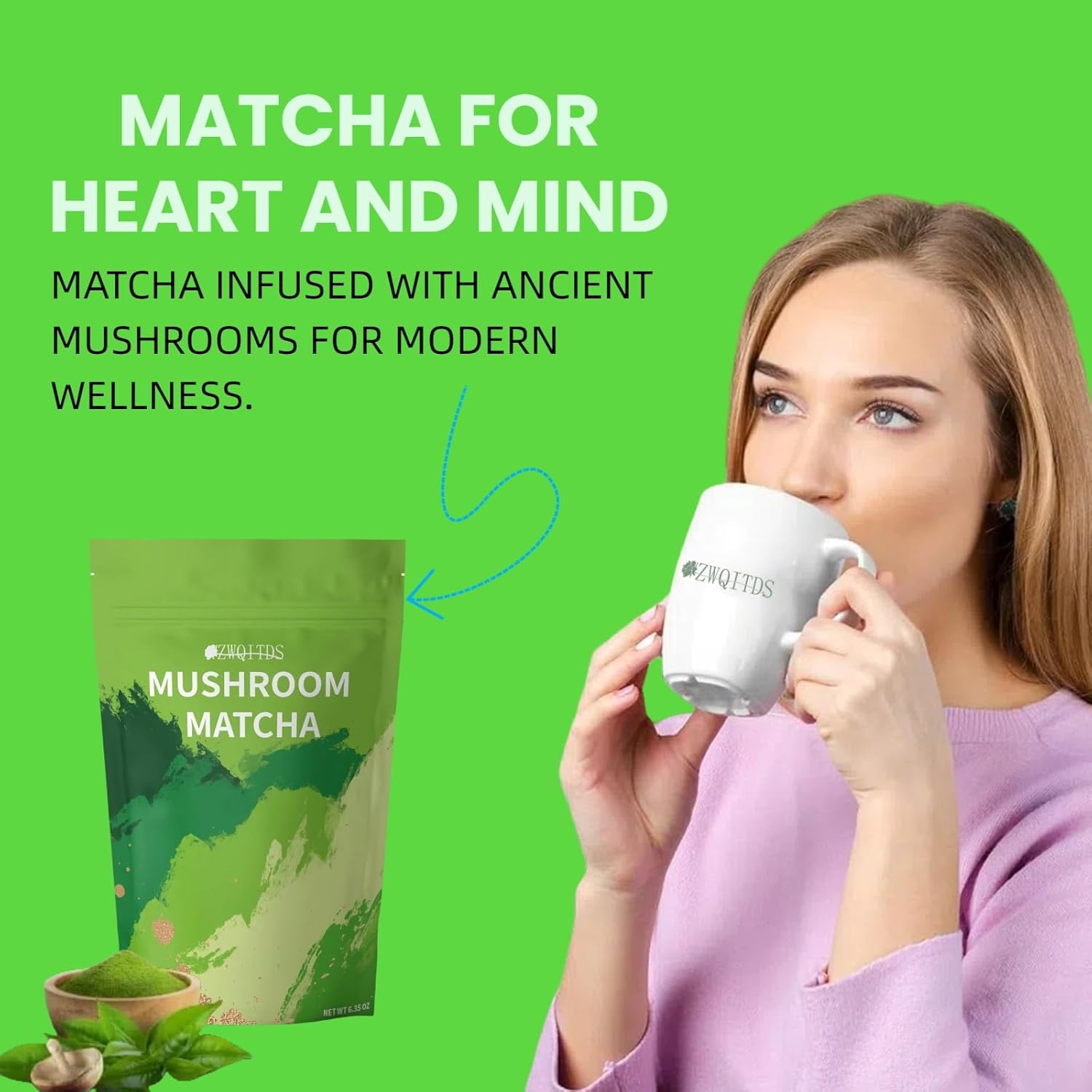 Premium Mushroom Matcha Latte Powder with Collagen for Energy, Focus, and Immunity - 30 Servings of Ceremonial-Grade Japanese Matcha
