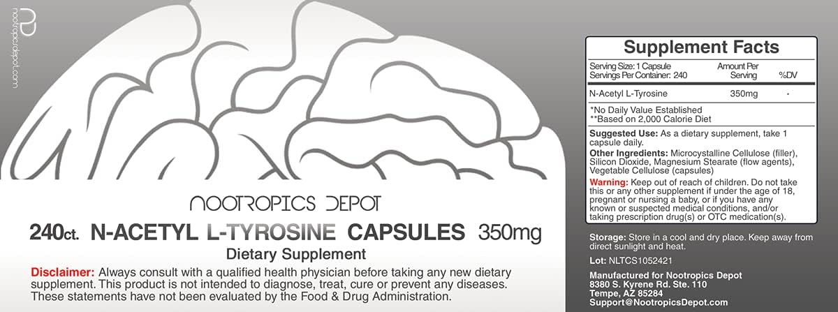 Premium N-Acetyl L-Tyrosine Capsules 350mg | 240 Count | Amino Acid Supplement for Memory, Focus, Learning, Stress
