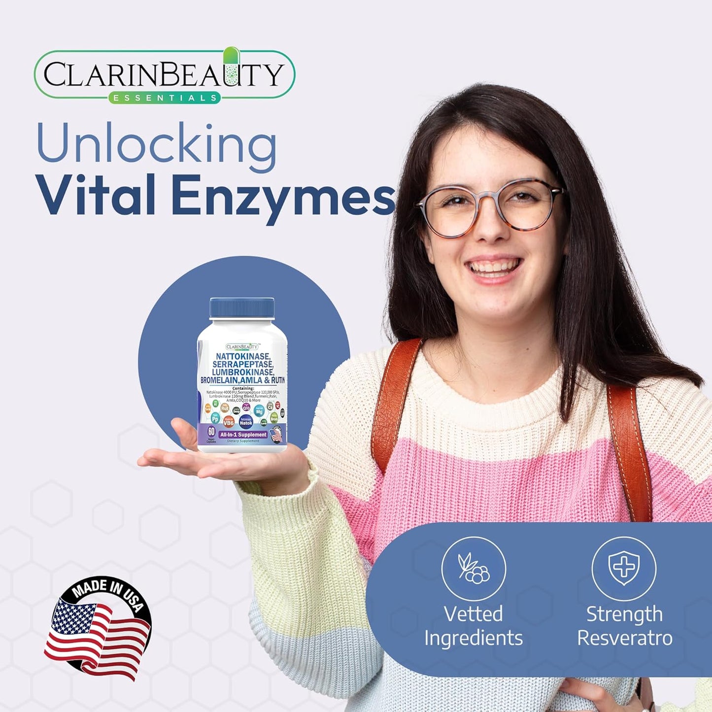 Premium Nattokinase Serrapeptase Lumbrokinase Capsules with Tumeric & Vitamins - 60 Count USA Made