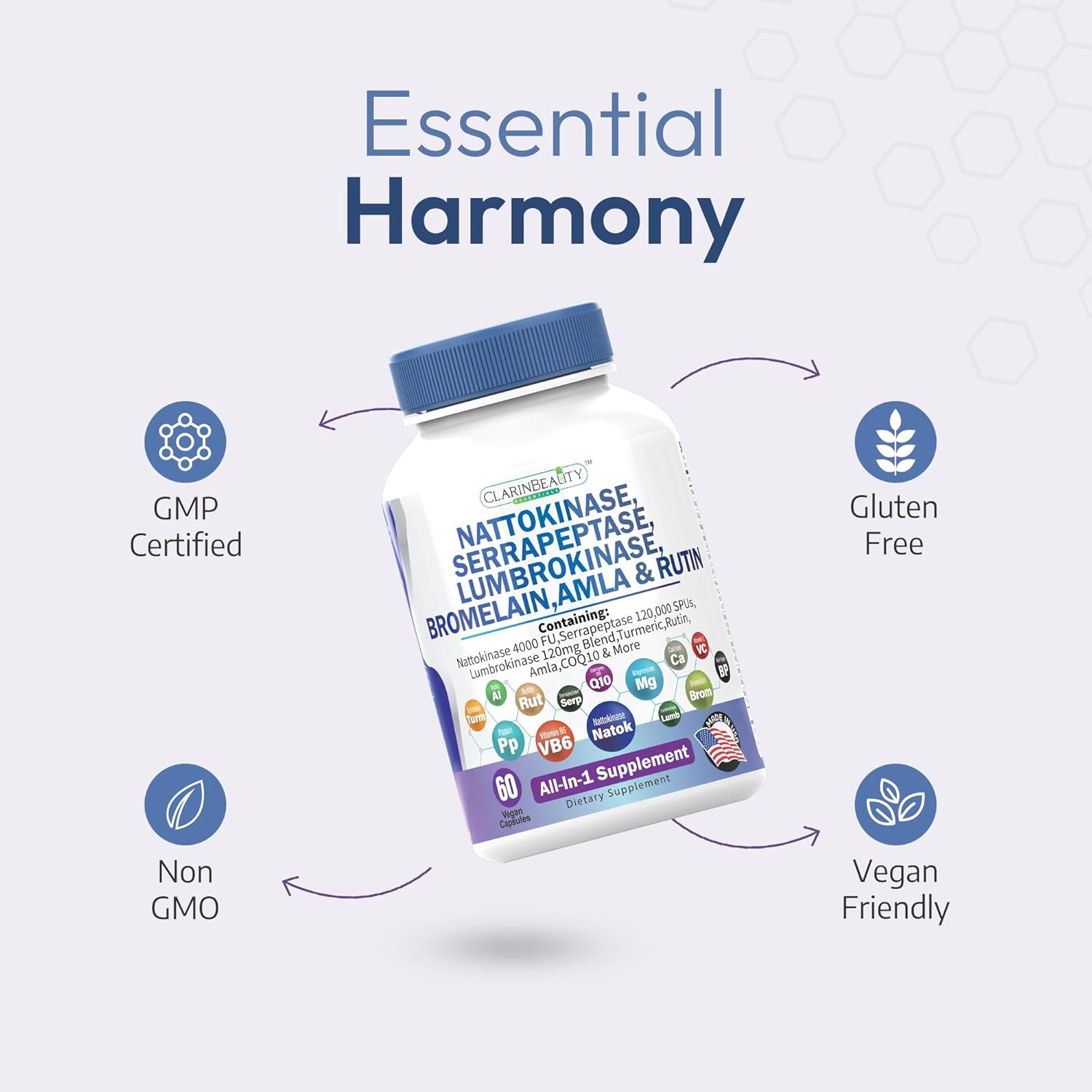 Premium Nattokinase Serrapeptase Lumbrokinase Capsules with Tumeric & Vitamins - 60 Count USA Made