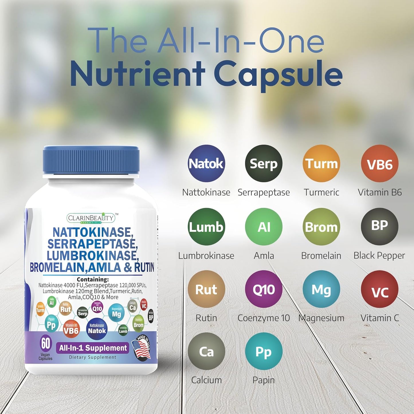 Premium Nattokinase Serrapeptase Lumbrokinase Capsules with Tumeric & Vitamins - 60 Count USA Made