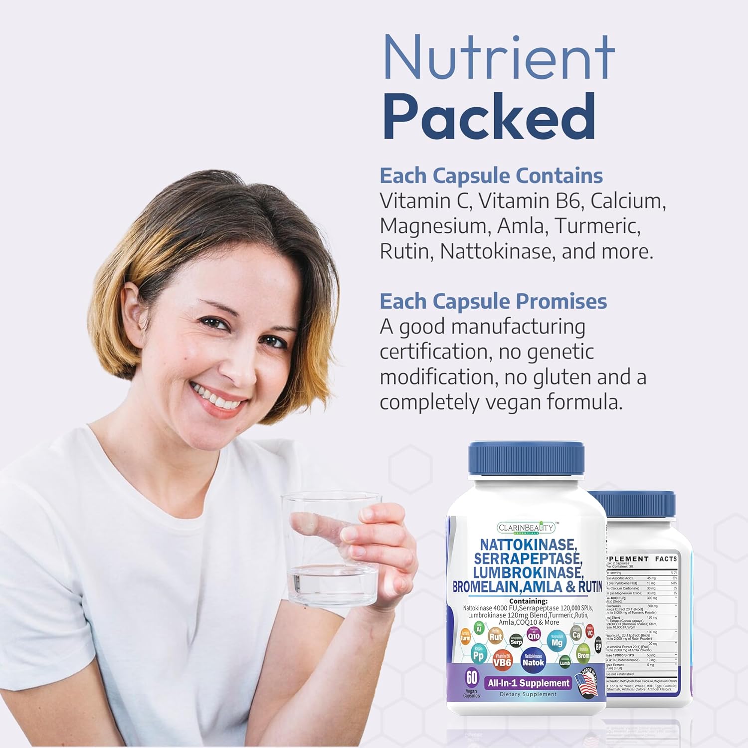 Premium Nattokinase Serrapeptase Lumbrokinase Capsules with Tumeric & Vitamins - 60 Count USA Made