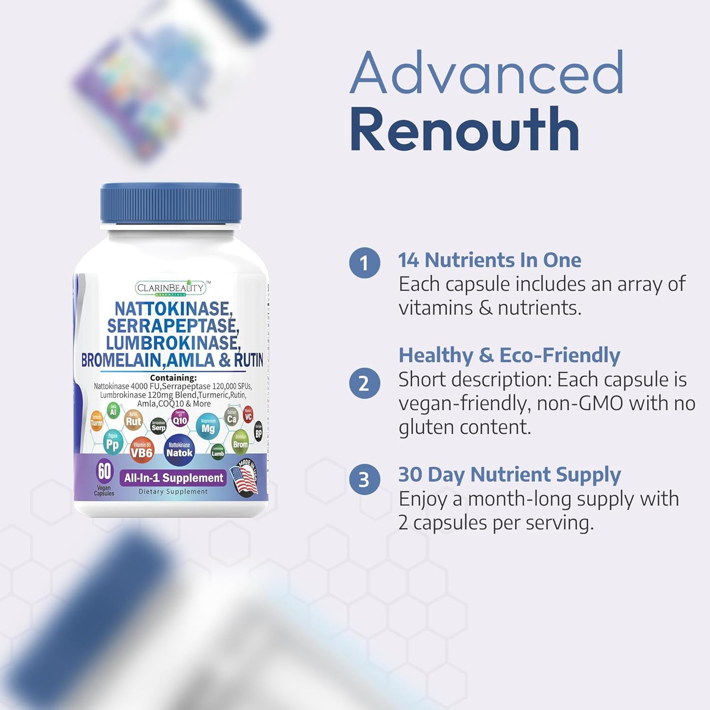 Premium Nattokinase Serrapeptase Lumbrokinase Capsules with Tumeric & Vitamins - 60 Count USA Made