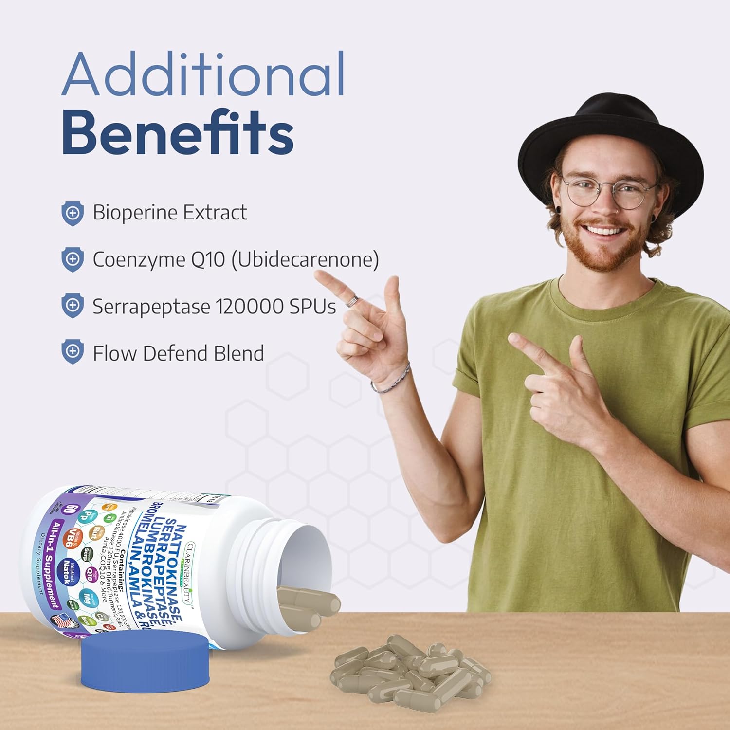 Premium Nattokinase Serrapeptase Lumbrokinase Capsules with Tumeric & Vitamins - 60 Count USA Made