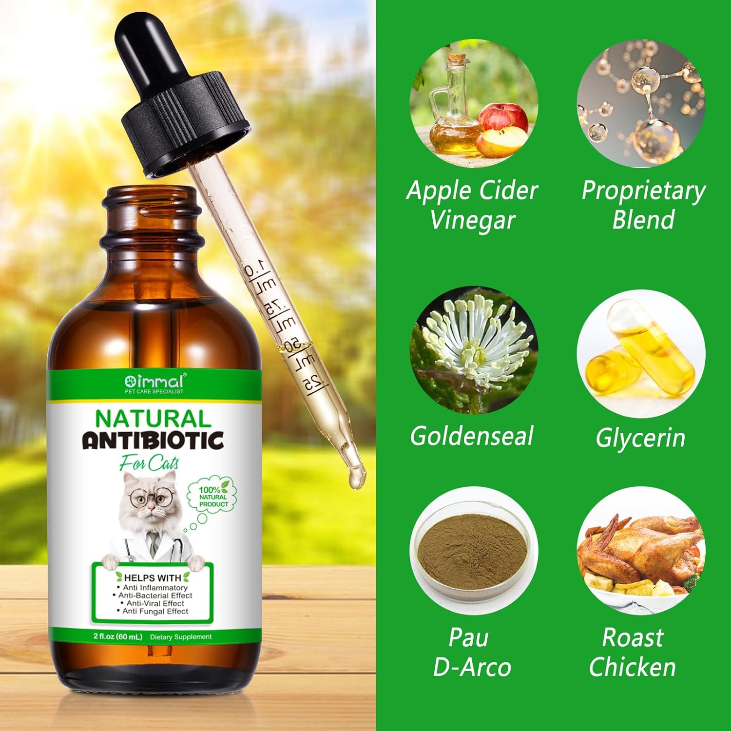 Premium Natural Antibiotic Supplement for Cats - Immune Support, Allergy Relief, Multivitamin - 2 Fl Oz / 60ML