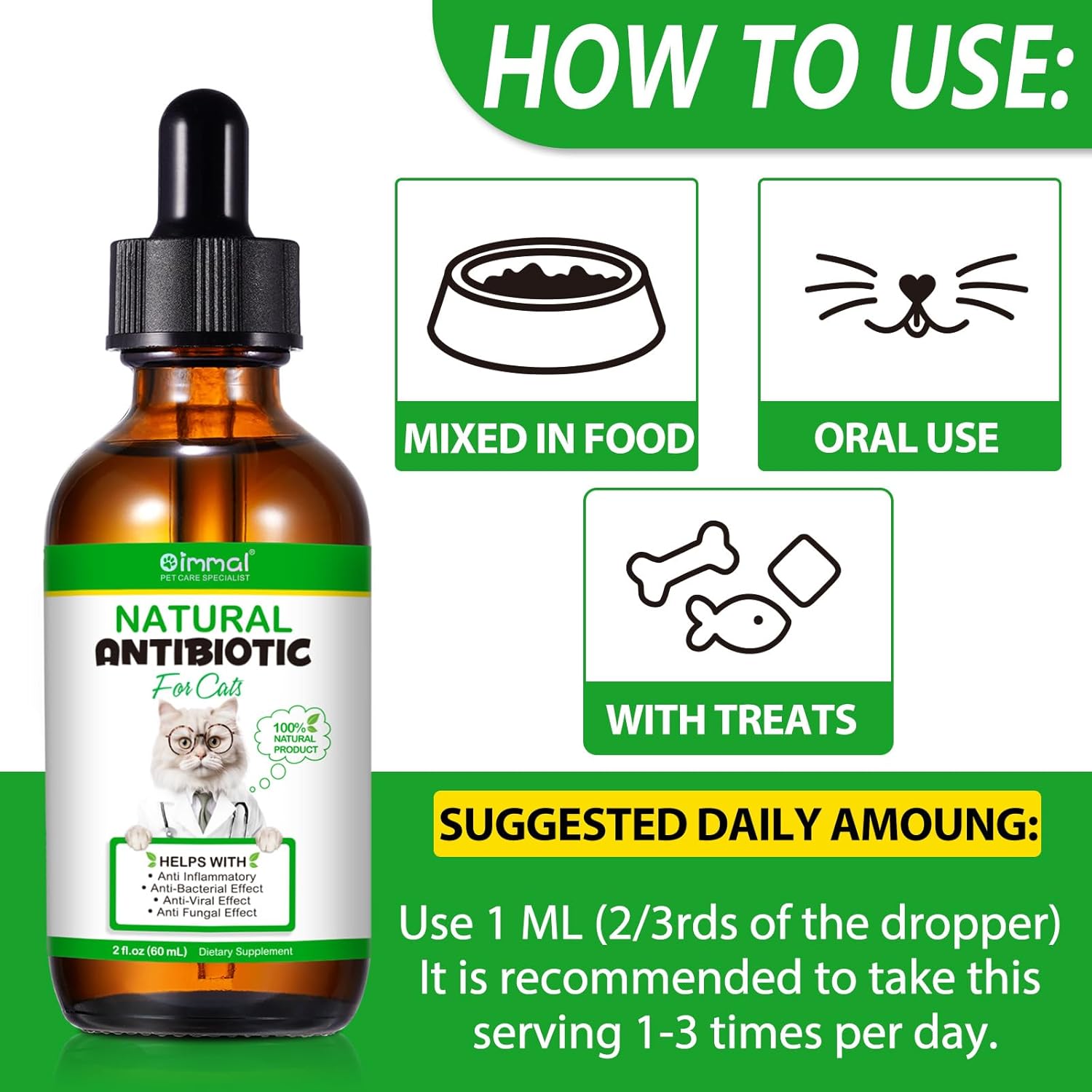 Premium Natural Antibiotic Supplement for Cats - Immune Support, Allergy Relief, Multivitamin - 2 Fl Oz / 60ML