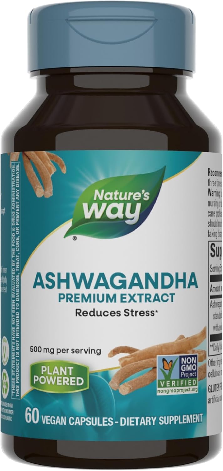 Premium Nature's Way Ashwagandha Capsules - Stress-Reducing Adaptogenic Supplement - Non-GMO Vegan Extract - 60 Count