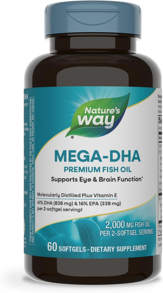 Premium Nature's Way Mega-DHA Fish Oil with 2,000mg Omega-3 per Serving, Supports Eye and Brain Health, 60 Softgels