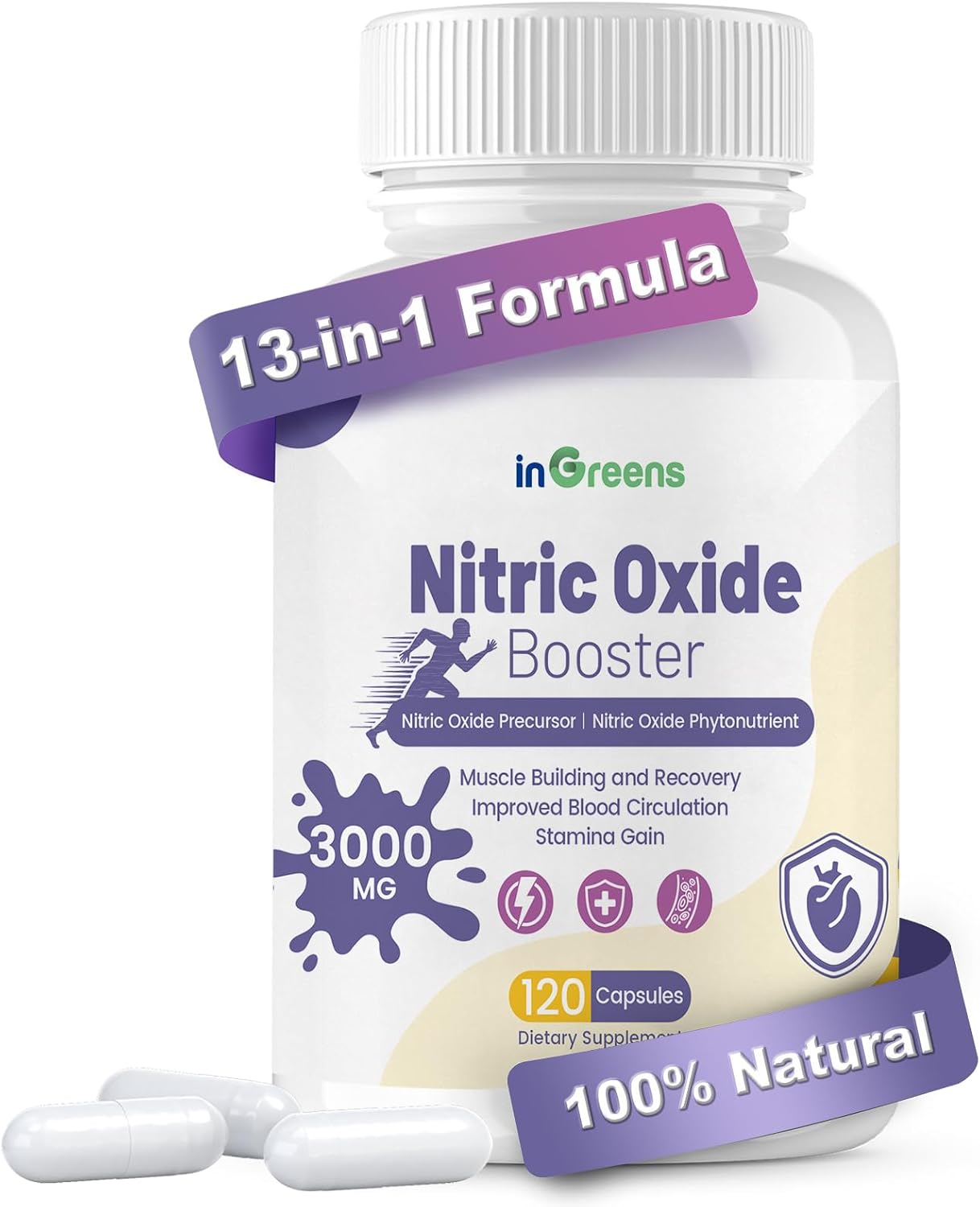 Premium Nitric Oxide Supplements for Muscle Growth, Heart Health, Energy & Circulation - 13-in-1 Formula, 3000mg, 120 Capsules - Non-GMO, Gluten-Free - Men & Women
