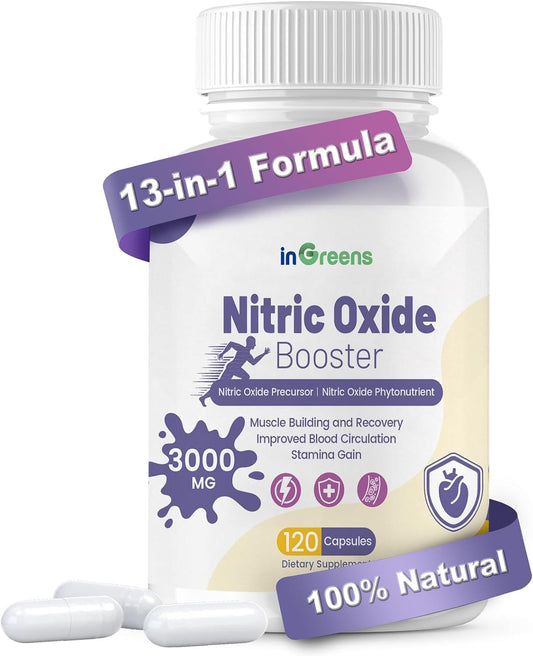 Premium Nitric Oxide Supplements for Muscle Growth, Heart Health, Energy & Circulation - 13-in-1 Formula, 3000mg, 120 Capsules - Non-GMO, Gluten-Free - Men & Women