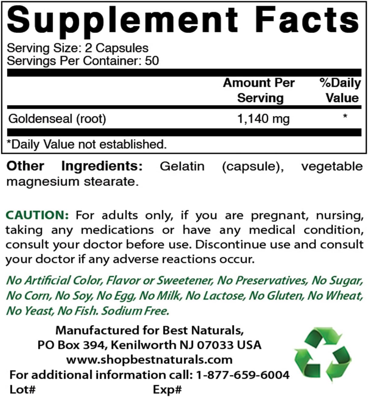Premium Non-GMO Goldenseal Root Capsules - 570 mg - 100 Count - Top Quality Herbal Supplement