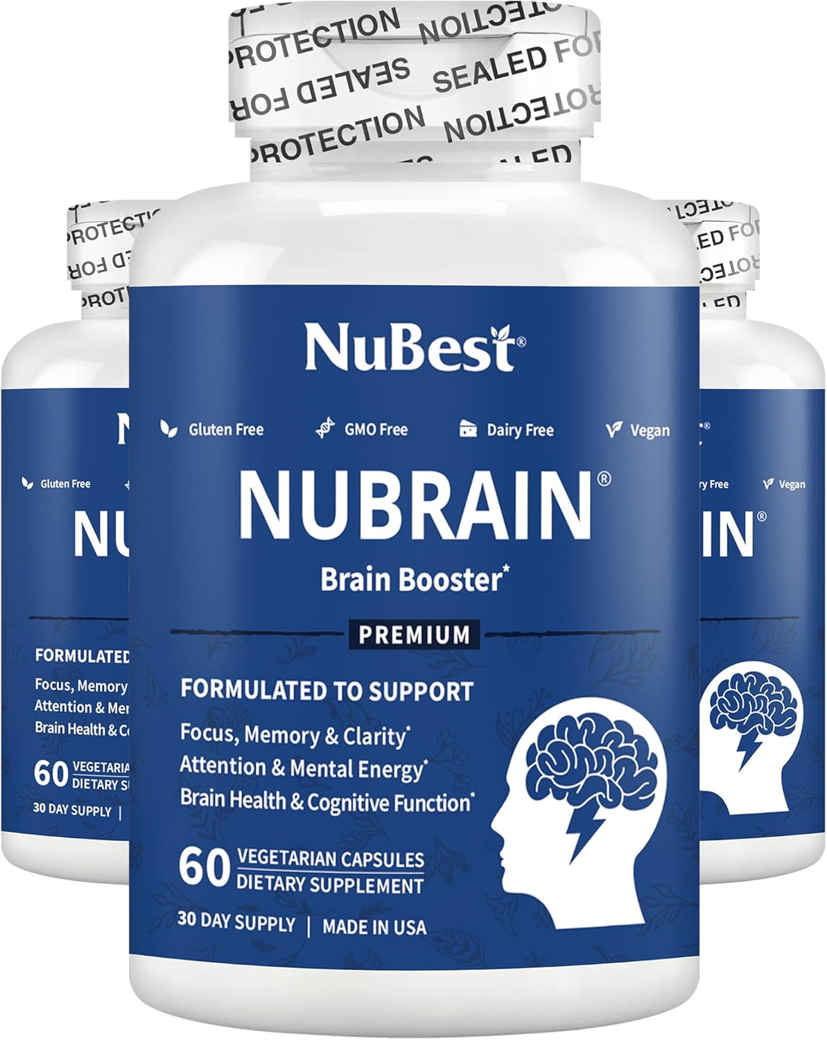 Premium Nootropic Brain Supplement for Memory, Focus & Clarity Support - NuBest NuBrain Booster - 3 Pack