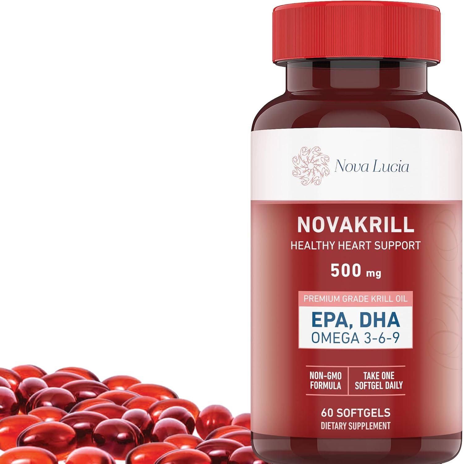 Premium Nova Lucia Krill Oil Supplement with Omega 3 6 9, 60 Red Liquid Softgels, High EPA DHA Astaxanthin, No Fishy Aftertaste, 1000mg per 2 Softgels